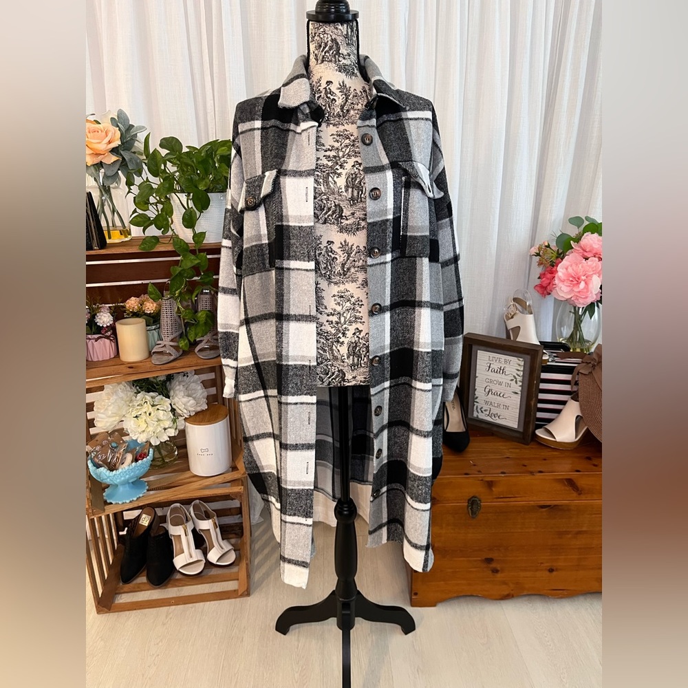 Gray, Black and White Plaid Trench Jacket